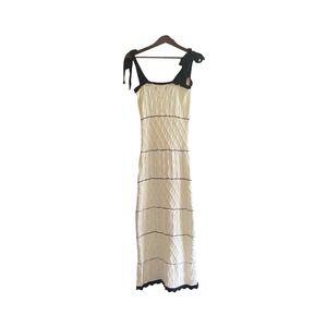 Capittana Knit Maxi Dress M/L Cream Black Tie Shoulder Sleeveless Crochet Beach